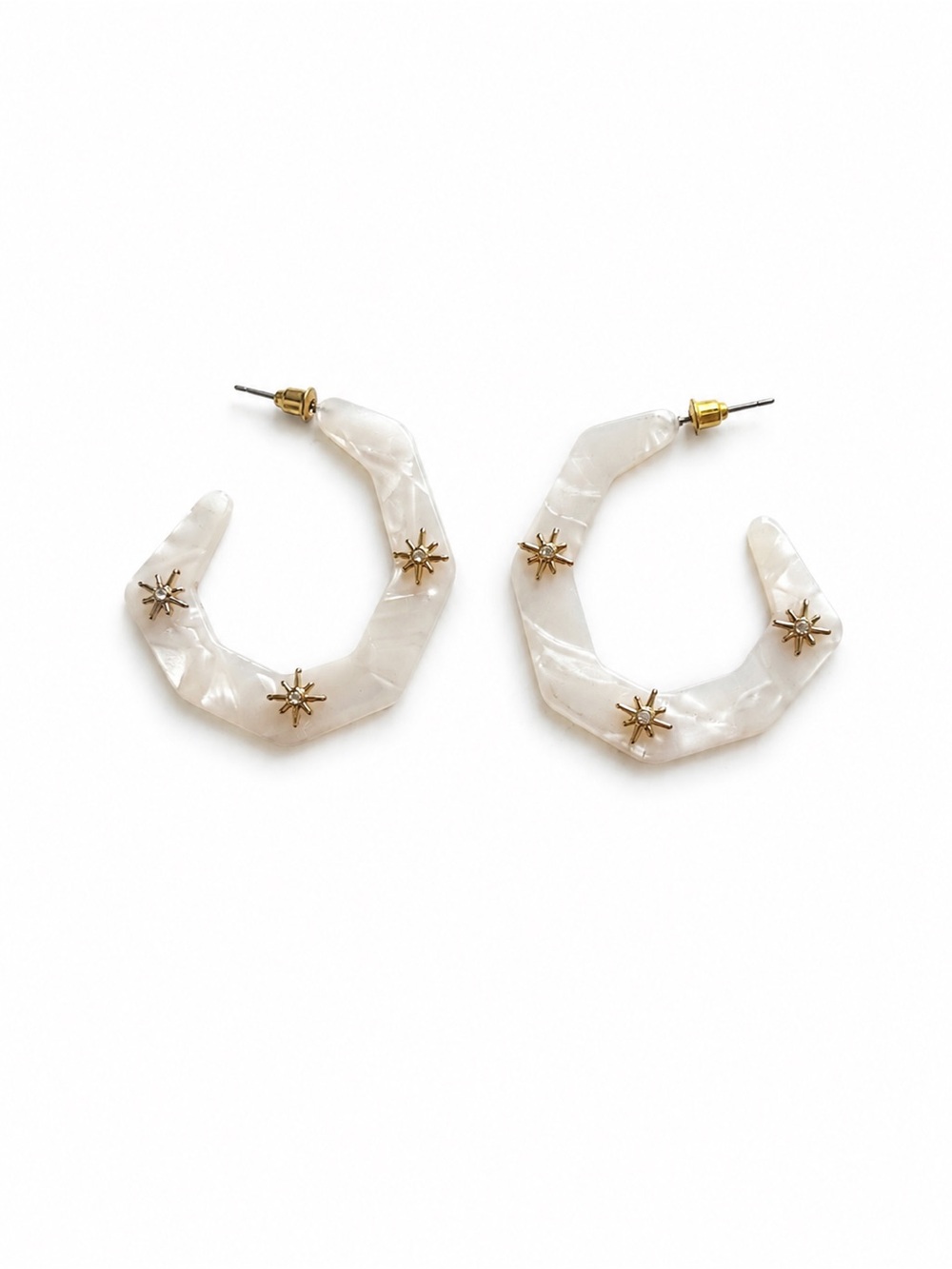 White Marbled Geometric Hoop Earrings with Gold Starburst Accents